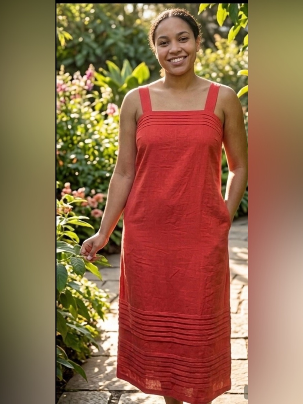 Sleeveless Red Maxi Dress-Skirt with Square Neck PTP 17.5 back has stretch band